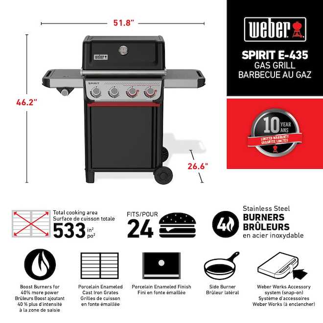 Weber SPIRIT E-435 Propane Gas Grill with 4 Burners and Side Burner - 47 000 BTU