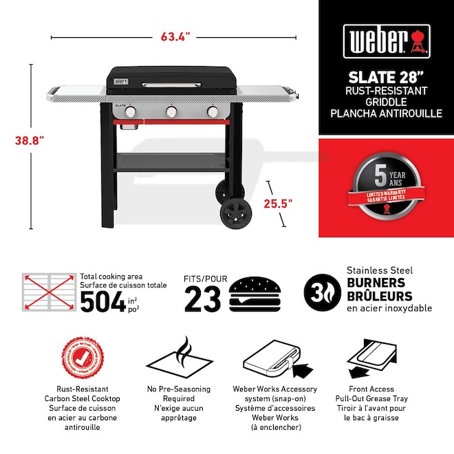 Weber Slate Griddle Natural Gas 28-in with 3 Burners 36 000 BTU - Black