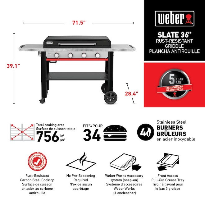 Weber Slate Griddle Natural Gas 36-in with 4 Burners 48 000 BTU - Black
