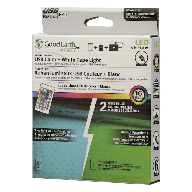 Good Earth Lighting 6-ft RGB Rechargeable Light Tape with Adapter