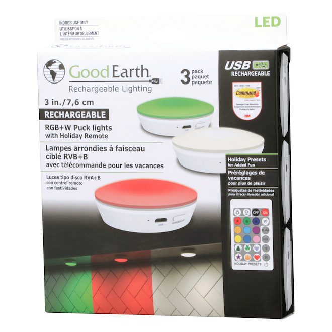 Good Earth Living RED/GN/BL USB Rechargeable LED Light Puck with Remote Control