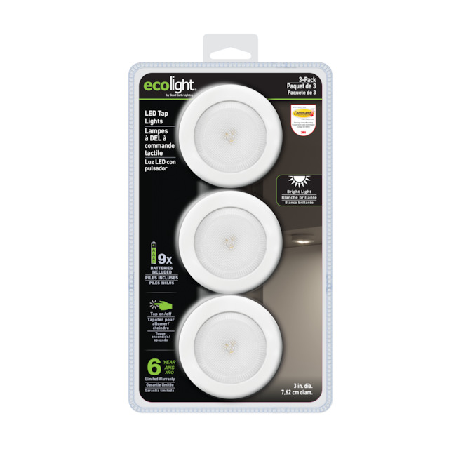 Ecolight 3-Pack White LED Plastic Puck Light - Batteries Included