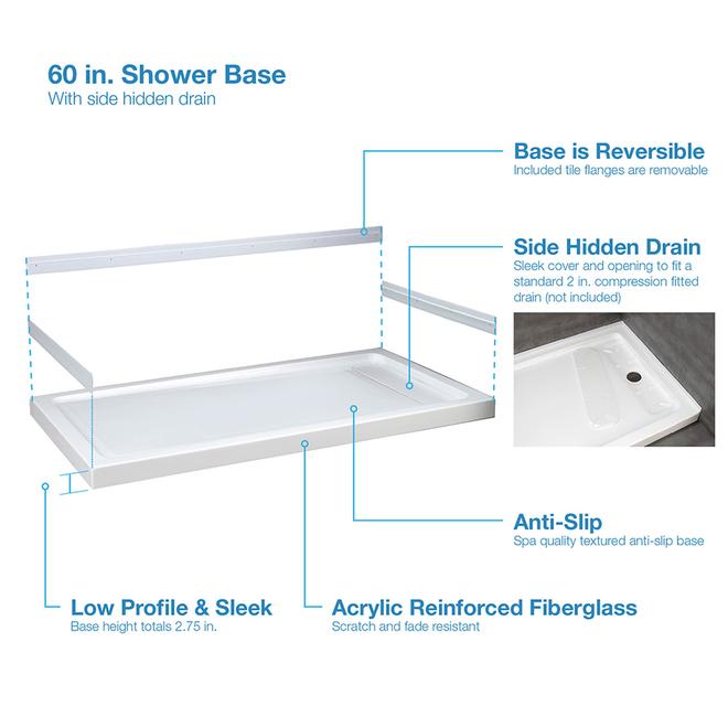 Ove Decors Erika 60-in x 32-in White Acrylic Reversible Shower Base