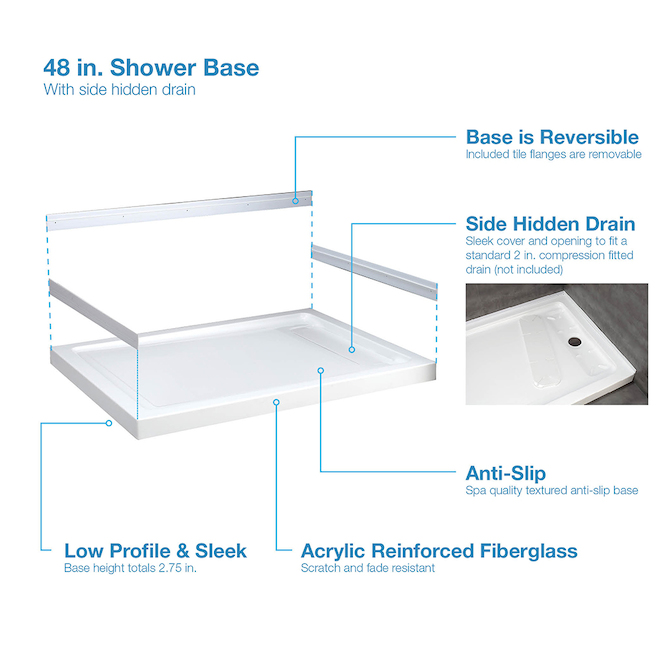 Adena Ove Decors 48-in x 36-in White Acrylic Shower Base with Hidden Drain