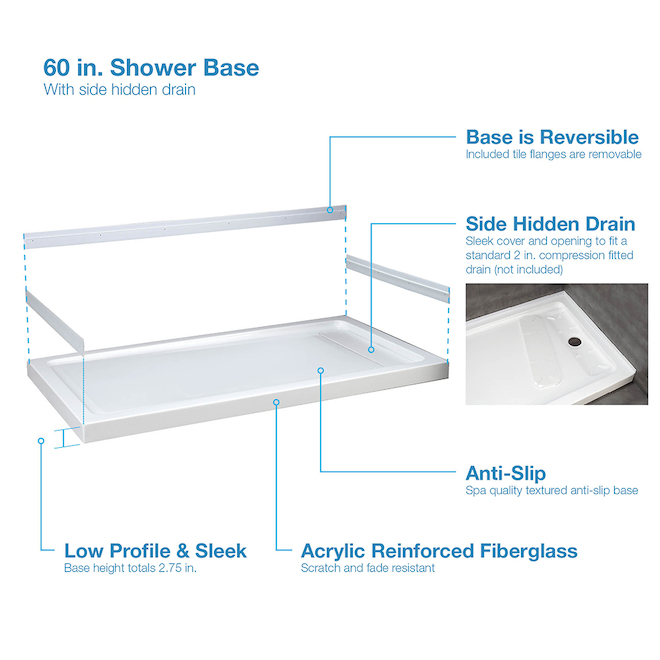 Adena Ove Decors 60-in x 36-in White Acrylic Shower Base with Hidden Drain