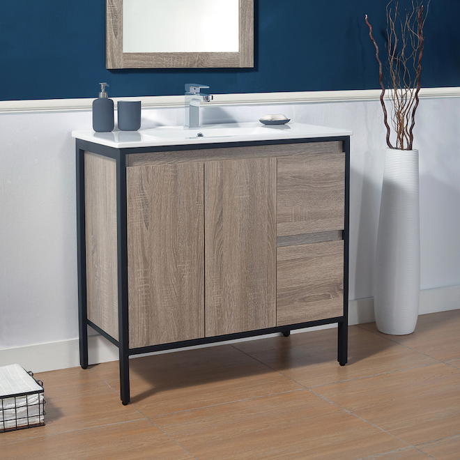 Meuble-lavabo Adele par Ove Decors fini bois taupe dessus céramique 36 po