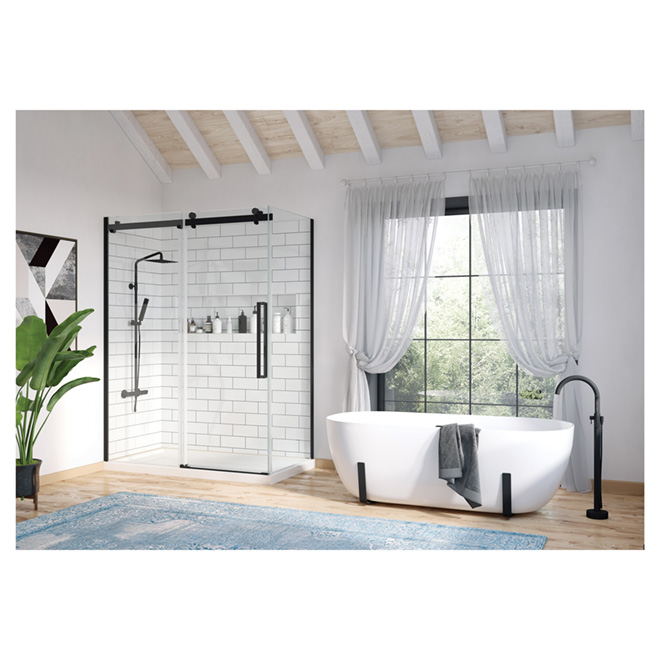 Porte de douche coulissante Sierra Ove Decors, verre clair trempé, noir mat, largeur réglable