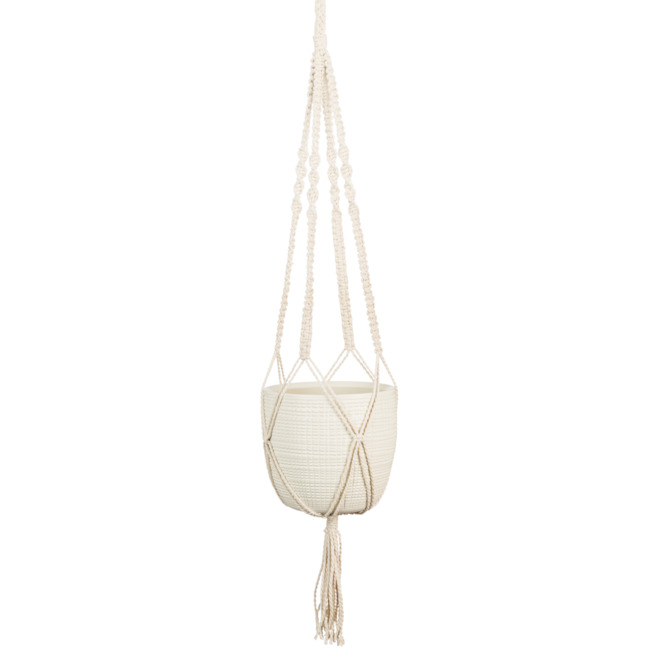 Pot suspendu Scheurich céramique 6 po avec cordon macramé 29,5 po long crème