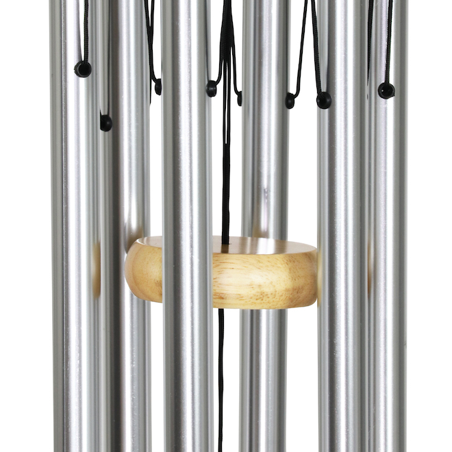 Carillon à vent Exhart en métal format moyen, 30 po, argent et bois naturel