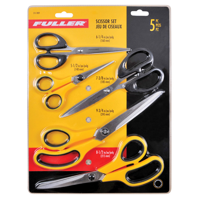 Ensemble de ciseaux tout usage Fuller Tool, paquet de 5, acier inoxydable, noir et jaune