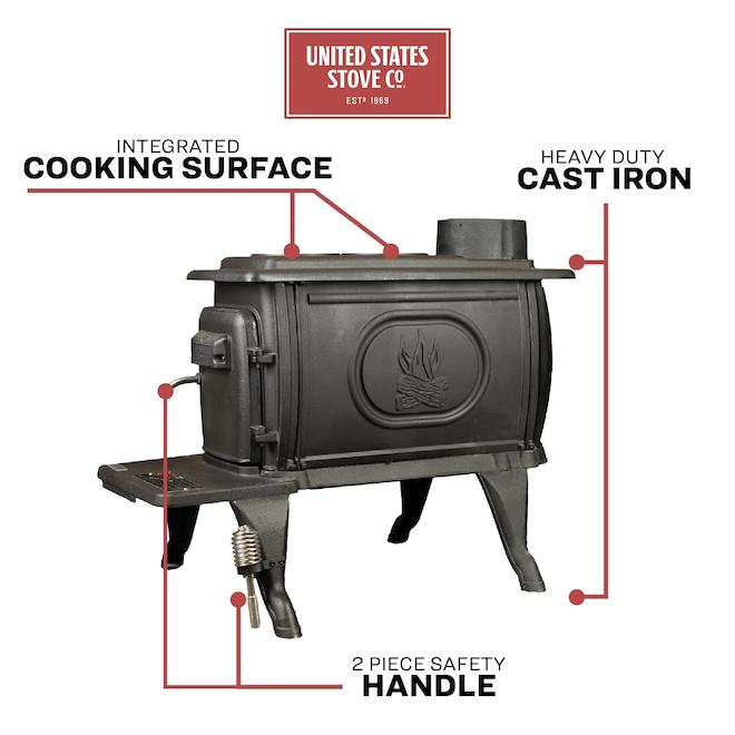 US Stove 900 Sq. Ft. Rustic Cast Iron Log Wood Stove Small 54000 BTU