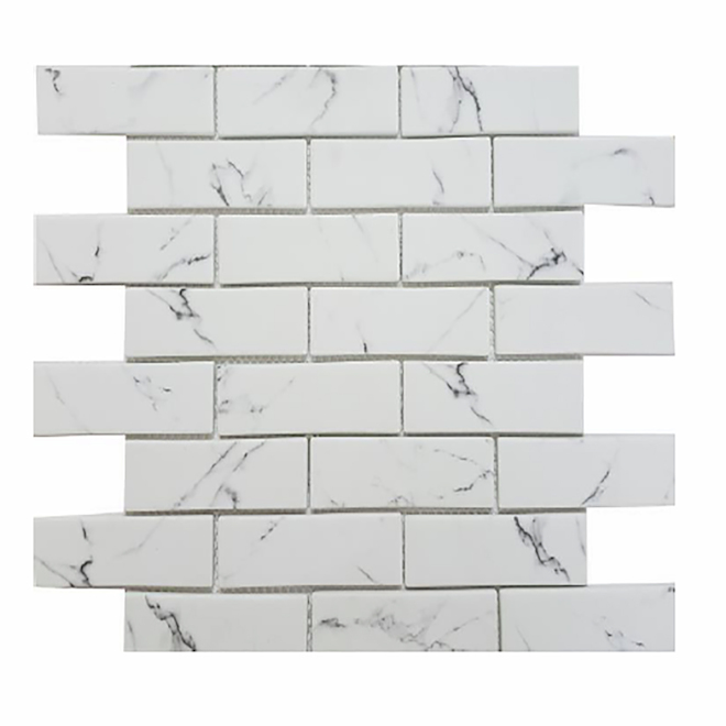 Mosaïque murale imbriquée en porcelaine Mono Serra, 12 po x 11 po, fini marbre de Carrare, 10/Boîte