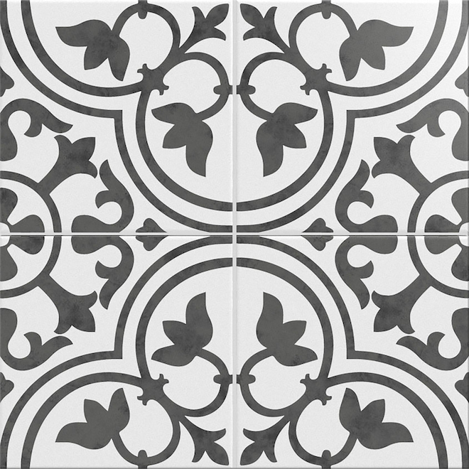 Carreau de porcelaine Fleur Braga de Mono Serra, 8 po x 8 po, noir et blanc, 19/boîte