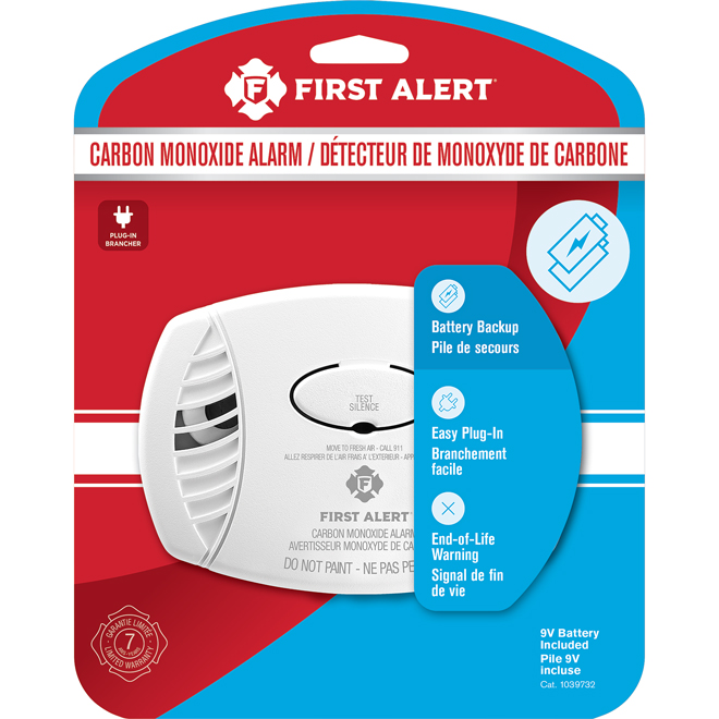 Avertisseur de monoxyde de carbone enfichable First Alert avec pile de  secours plastique blanc 1039732