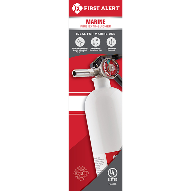 First Alert Rechargeable Marine Fire Extinguisher - 100 psi - Metal - White