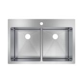 Allen + Roth 33-in x 22-in Stainless Steel - Double Equal Bowl - Drop-in/undermount 1 Hole Residential Kitchen Sink