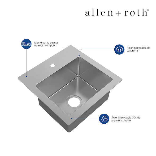 Évier simple en acier inoxydable sous-comptoir allen + roth de 15 po  x 15 po