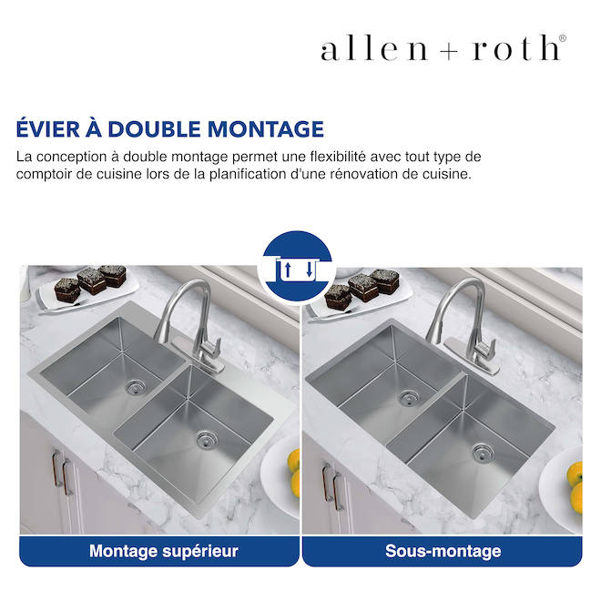 Évier double à encastrer allen + roth en acier inoxydable, 33 po x 22 po