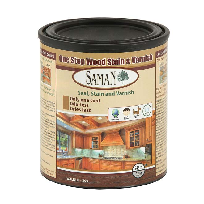 Saman One Step Interior Wood Stain and Varnish - Water-Based - Walnut - Low VOC - 946 ml