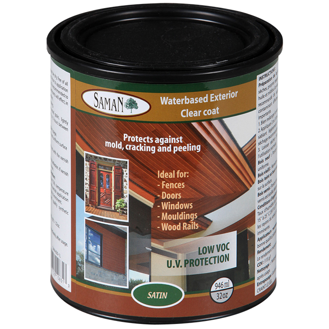 Saman Exterior Wood Stain Varnish - Clear Satin - Water-Based - UV Protection - Extremely Resistant - 946-mL
