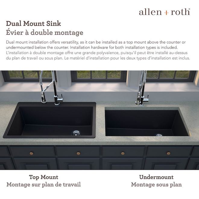 allen + roth 33 x 22-in 5-Holes Matte Black Drop-In or Undermount Single Kitchen Sink