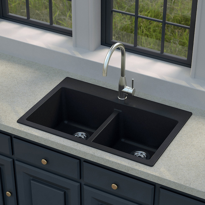 allen + roth 31 x 20.5-in Black Double Drop-In Undermount 5-Holes Kitchen Sink
