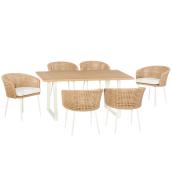 Allen + Roth 7-Piece Off-White Steel Frame Patio Dining Set with Tan Cushions Included and Umbrella Hole