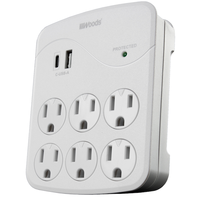 Wall Adapter - 6 Outlets - USB - 120 V - EZ-Pull - White
