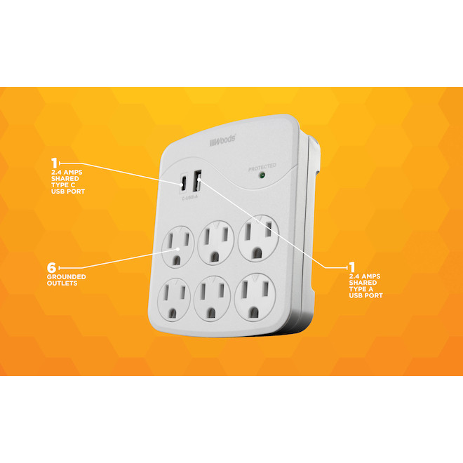 Wall Adapter - 6 Outlets - USB - 120 V - EZ-Pull - White