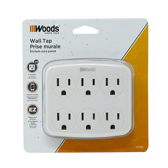 Adaptateur mural à 6 prises mises à la terre Woods, avec support pour téléphone, blanc