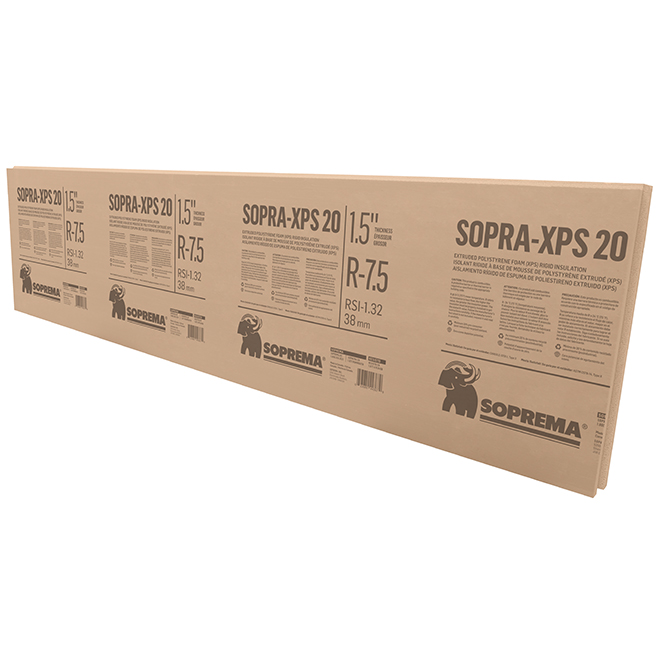 Panneau isolant rigide Sopra-XPS 20 de Soprema, polystyrène extrudé, 8 pi x 2 pi x 1 1/2 po, R7.5
