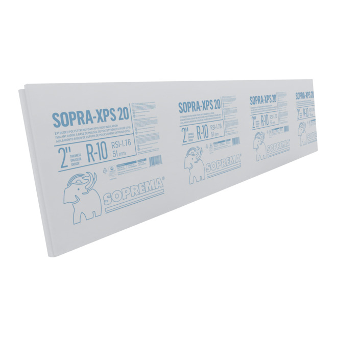 Panneau isolant hydrofuge Sopra-XPS 20 R10 de Soprema en polystyrène extrudé, 8 pi x 4 pi x 2 po