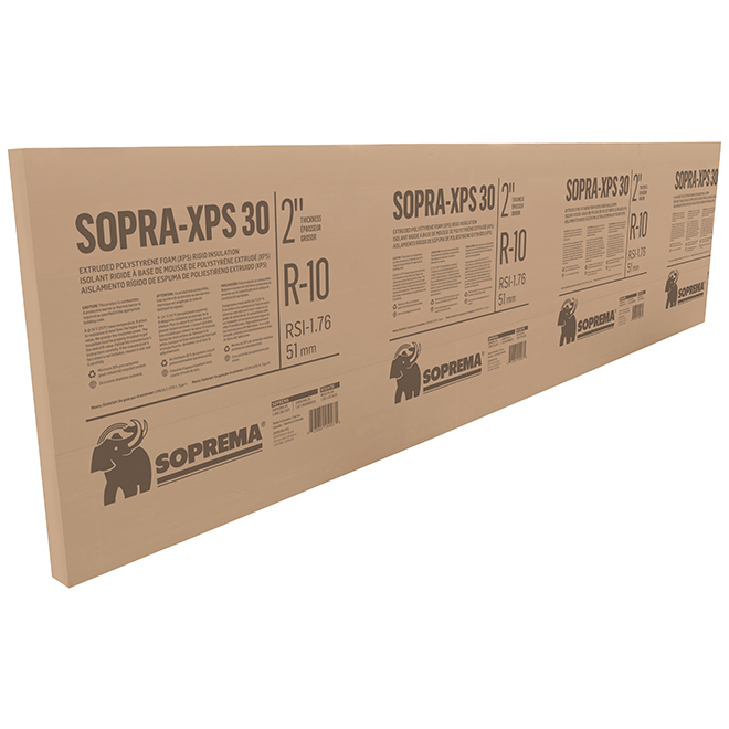 Panneau isolant hydrofuge Sopra-XPS 30 de Soprema, polystyrène extrudé, 8 pi x 2 pi x 2 po, R10