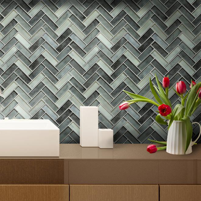 Bestview Herringbone Mosaic Glass Wall Tile - Grey - Hand-Painted 11 x ...