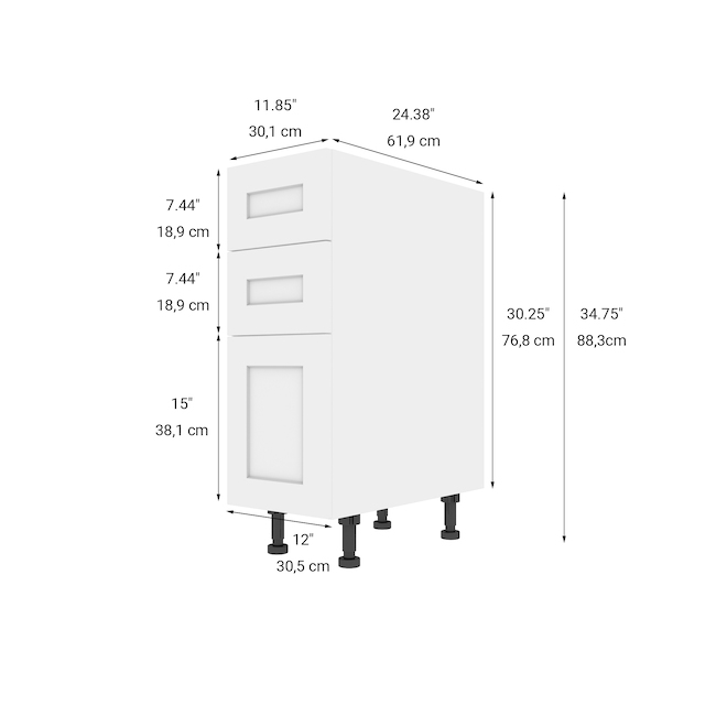Landon & Co. ELITE Base Cabinet with 3 Drawers Shaker Style 12-in - White