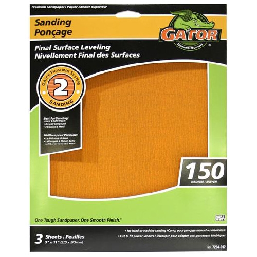 Gator Premium Finishing Sandpaper - Aluminum Oxide - 150-Grit - 11-in L x 9-in W - 3 Per Pack