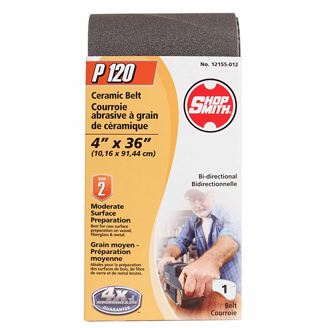 ShopSmith Bi-Directional Sanding Belt - 4-in W x 36-in L - P120 Grit - Ceramic Abrasive - Poly-Cloth Backing
