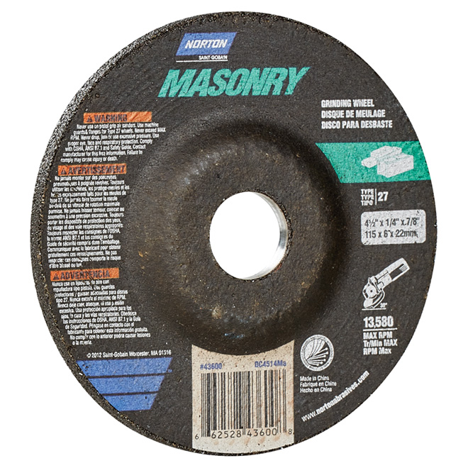 x 1/4 in Norton  Masonry  Grinding Wheel  4-1/2 in thick  x 7/8 in. Dia 