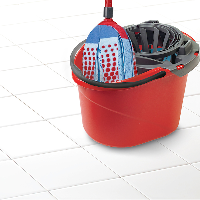 Vileda Graduated Elongated Oval-Shaped Bucket with Built-In Wringer - Plastic Resin - Red/Grey - 10-L