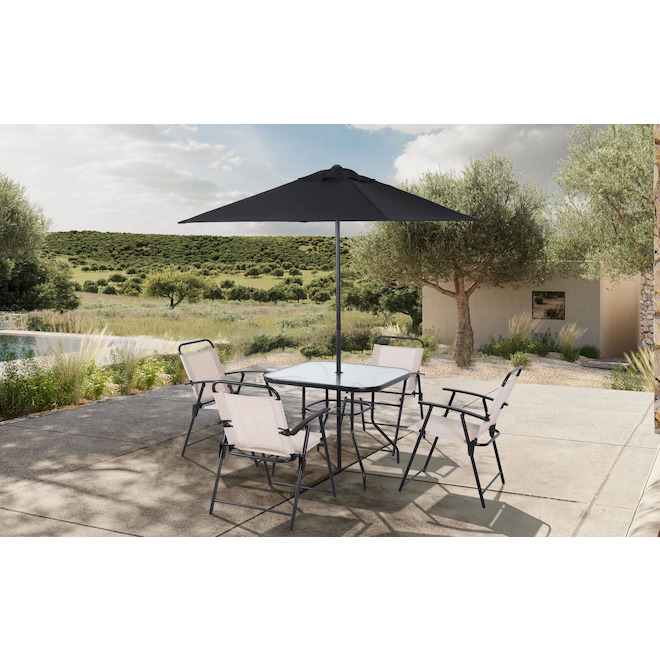 VALU+ Gimli Dining Set in Black Steel with Sun Umbrella - 6-Piece