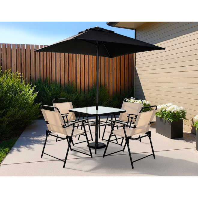 VALU+ Gimli Dining Set in Black Steel with Sun Umbrella - 6-Piece