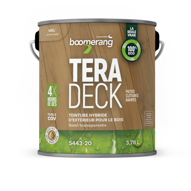 Teinture hybride d'extérieur pour le bois Tera Deck de Boomerang semi-transparent miel, 3,78 L