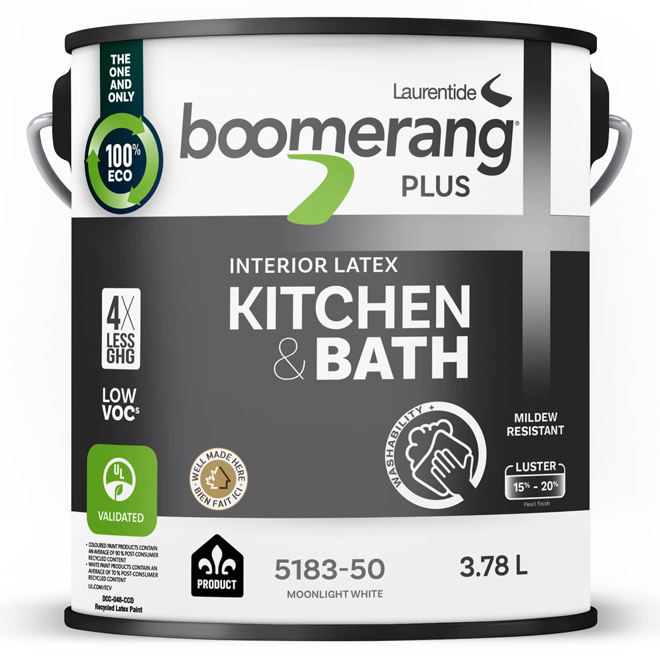 Boomerang Plus Interior Latex Paint for Kitchen and Bath - Luster - Moonlight White - 3.78-L