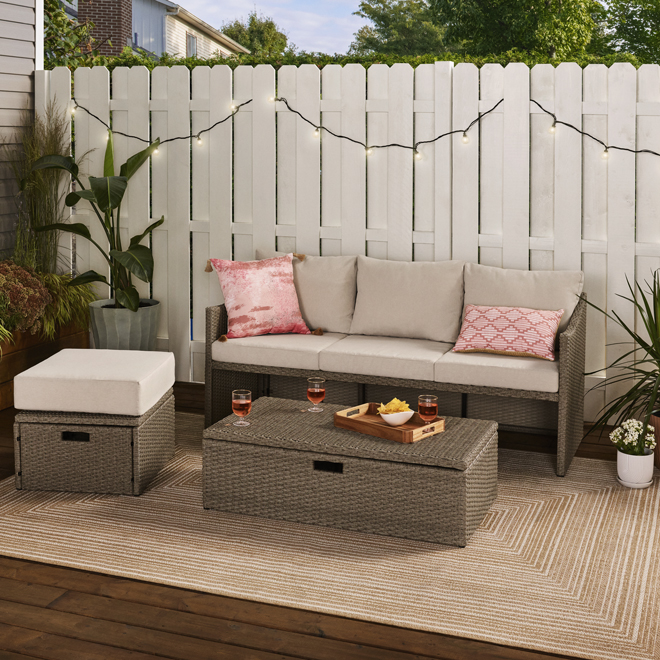 Landon & Co. Sectional in Brown Wicker with Tan Cushions - 3-Piece