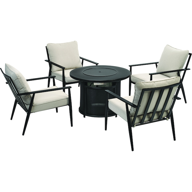 allen + roth Black Steel Outdoor Furniture Set with 4 Armchairs and Fire  Table - Off-White Polyester Cushions