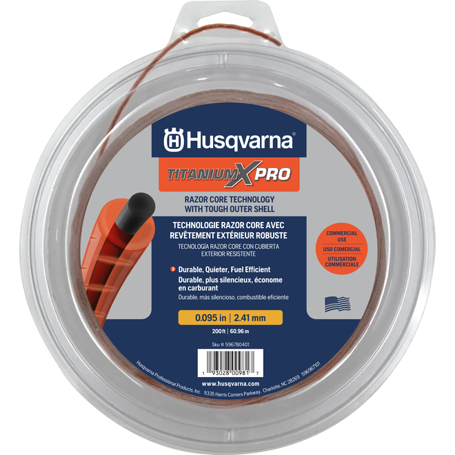 Fil de coupe-bordure Titanium X-Pro Husqvarna, copolymère, coupe-fil intégré, 200 pi L. x 0,095 po de diamètre