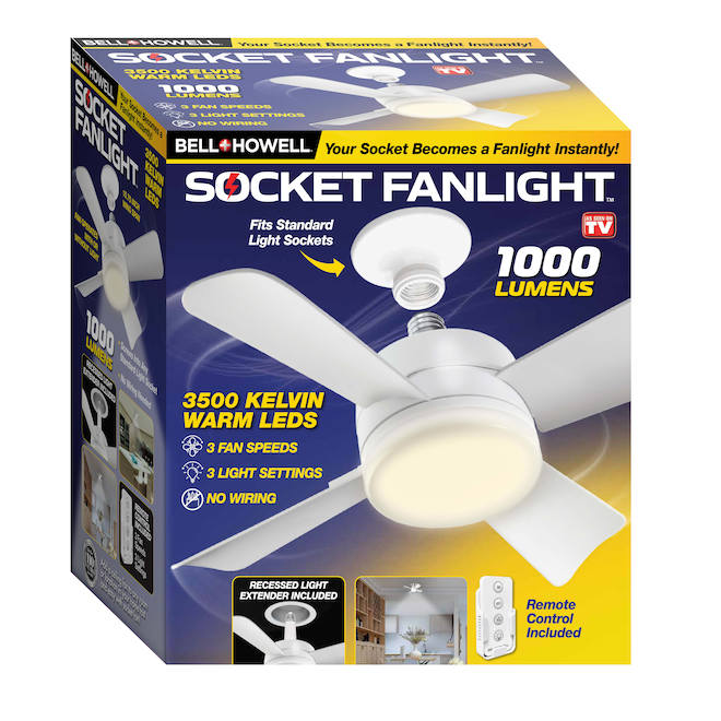 Bell + Howell 1000 Lumens 10-in White Socket Light Fan - 4 Blades