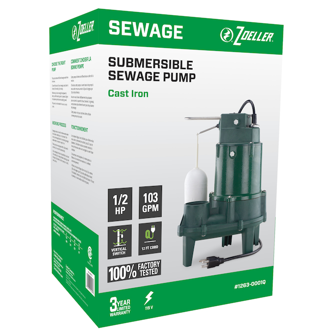 Zoeller Pro Sewage Pump 1/2-HP Cast Iron Subersible Sump Pump