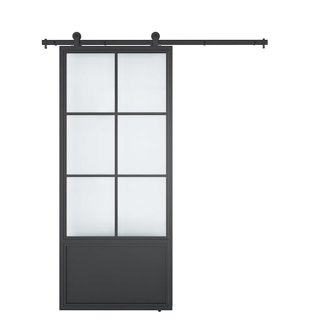 Ensemble de porte de grange Farmhouse Landon & Co. en acier noir mat avec 6 verres, 36 x 84 po