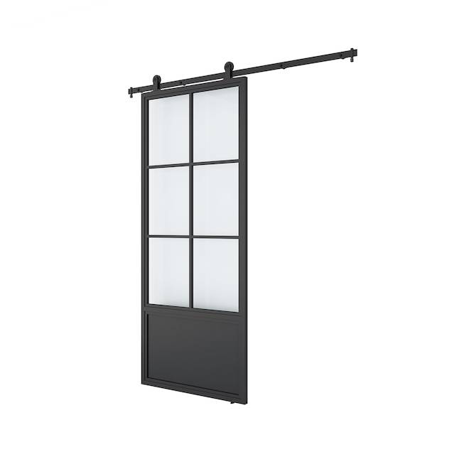 Ensemble de porte de grange Farmhouse Landon & Co. en acier noir mat avec 6 verres, 36 x 84 po